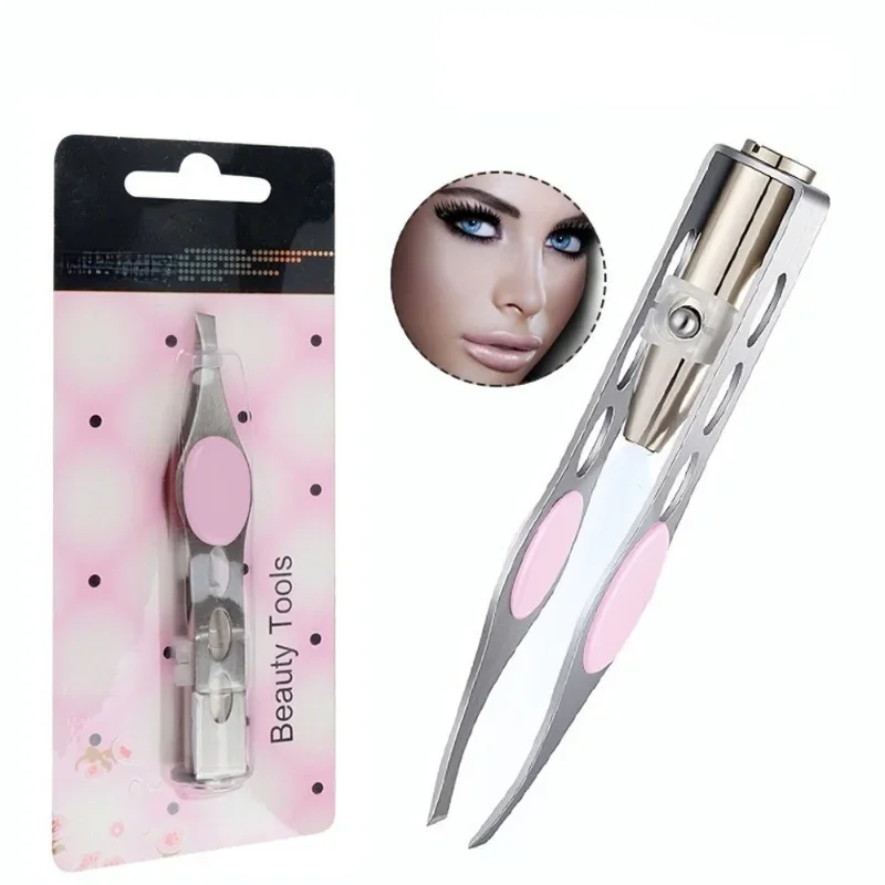 LED Eyebrow Tweezers Oblique Tip Eyebrow Trimming Clip Stainless Steel Eye Hair Removal Clamp False Eyelashes Curler Makeup Tool