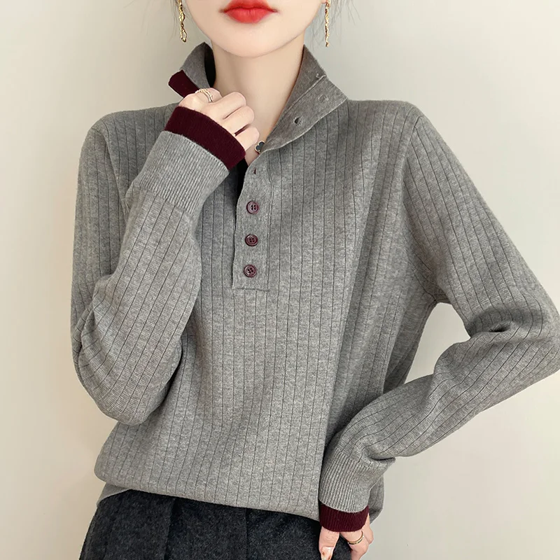 Pull vintage à manches longues pour femmes, pull à col roulé avec boutons, tricots doux et confortables, tendances de la mode, automne et hiver