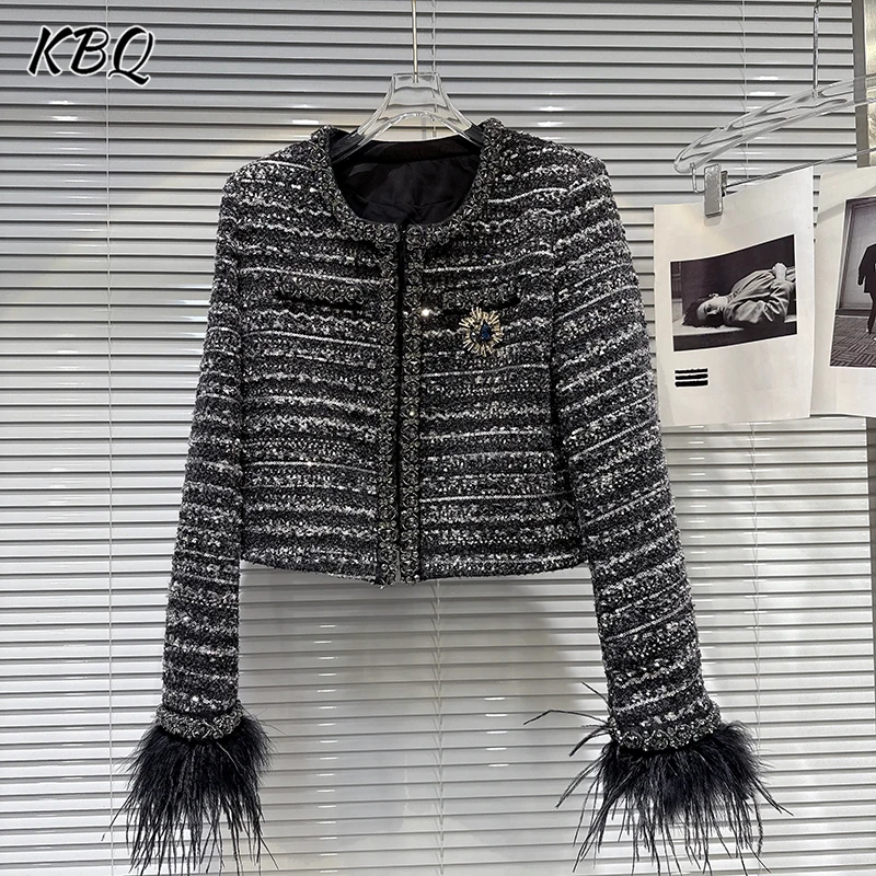 

KBQ однотонные свободные пальто с перьями для женщин с круглым вырезом и длинными рукавами в стиле пэчворк с бриллиантами, шикарные пальто, женский модный стиль, новинка