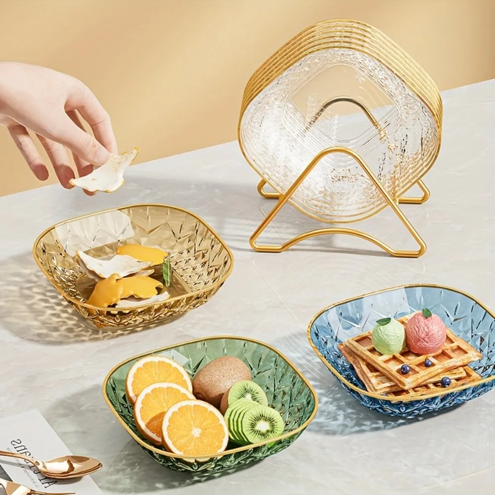 5PCS Multi-functional Square Snack Plate Transparent Plastic Appetizer Plate Golden Trim Bone Spitting Dish Party