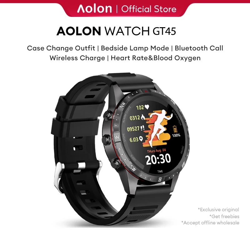 Aolon GT45 Smart Watch Compass HD Bluetooth Call Heart Rate 1.6inch Full Screen Blood Oxygen Smartwatch Waterproof  Double Strap