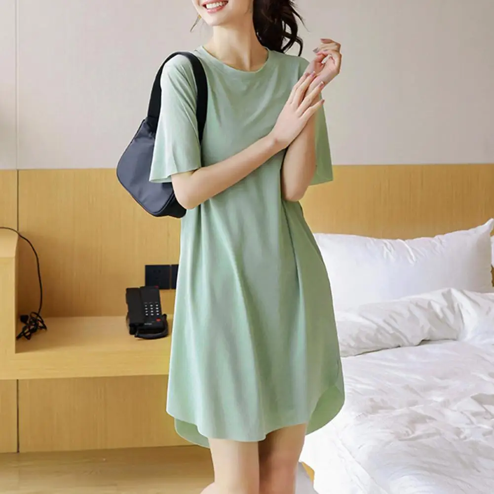 Dress Elegant Knee-length Nightdress for Women Loose Fit Solid Color Pajamas with Short Sleeves Comfortable Ice Silk Homewear