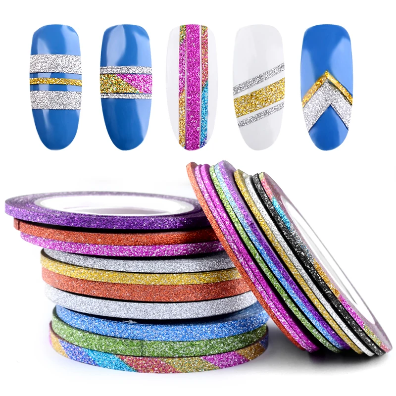 

10 Rolls Mixed Colors Nail Art Sticker Glitter Striping Tape Line Decorations 1MM/2MM/3MM DIY Self-Adhesive Manicure YW9311-3