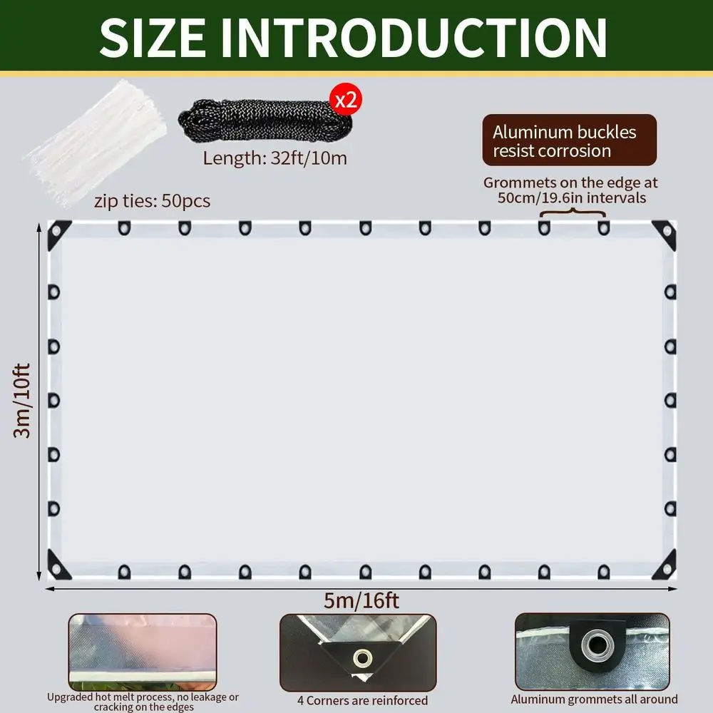 أقمشة معززة مقاومة للماء مقاس 10 × 16 قدم مع حلقات للحماية الخارجية ومتعددة الاستخدامات