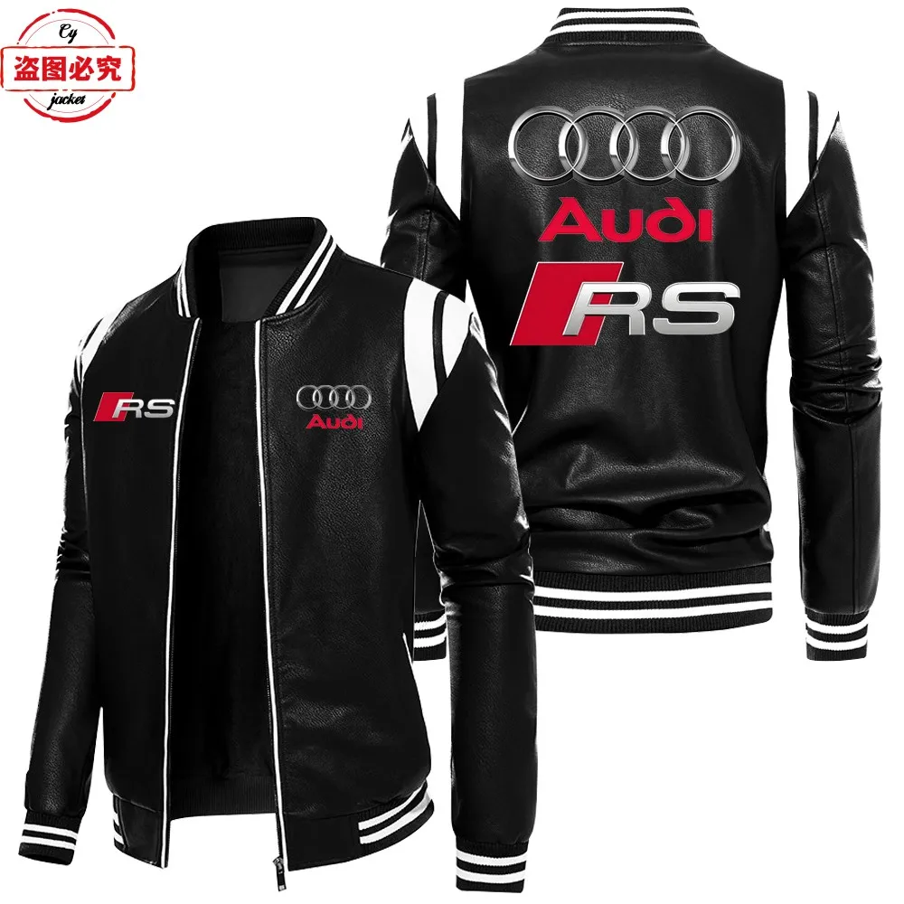 New men's autumn and winter velvet jacket Audi RS team Audi car LOGO printed men's pu leather jacket racing suit overalls