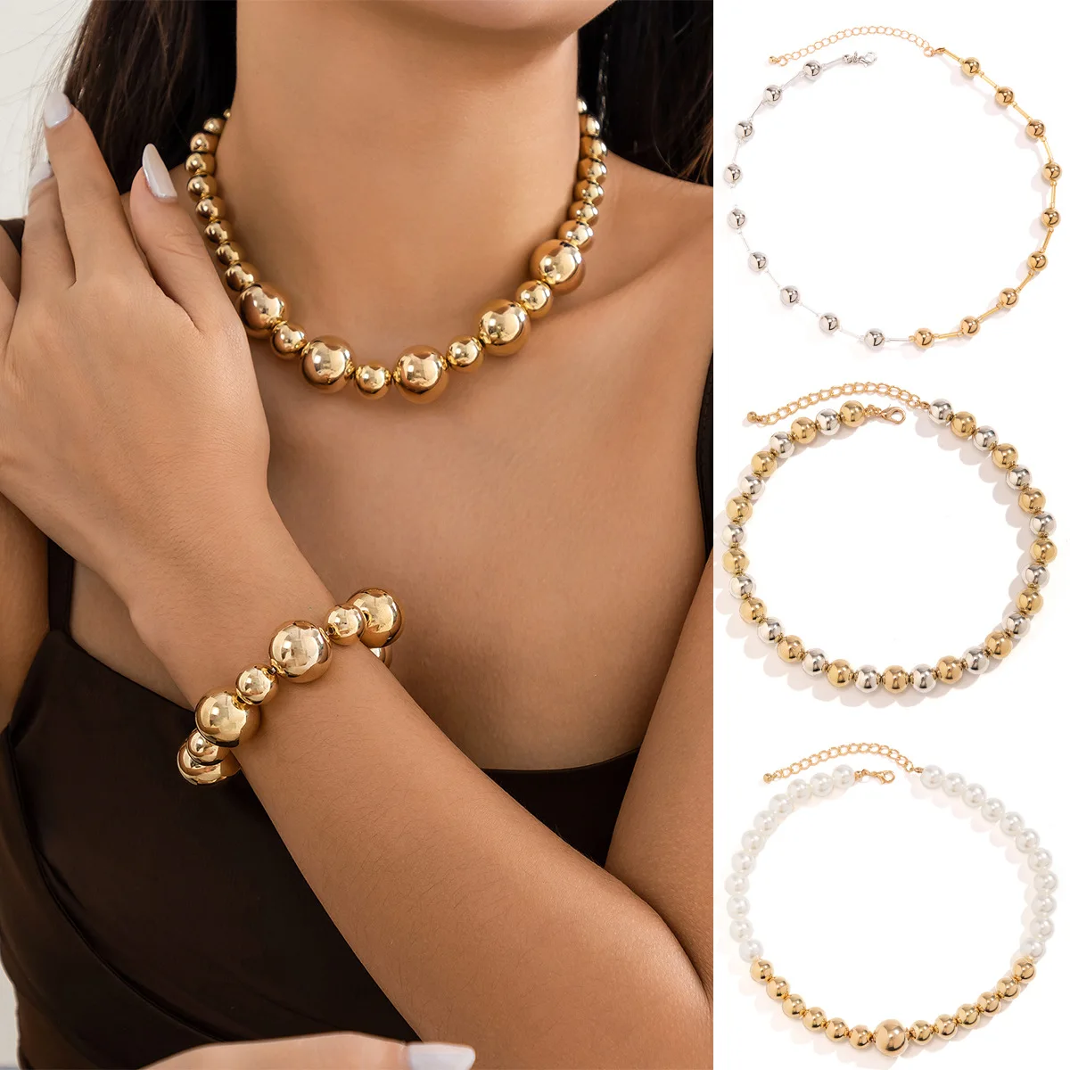 Chunky Punk Contrast Color Beaded Necklace Geometric Round Ball Niche Collarbone Jewelry for Women Daily