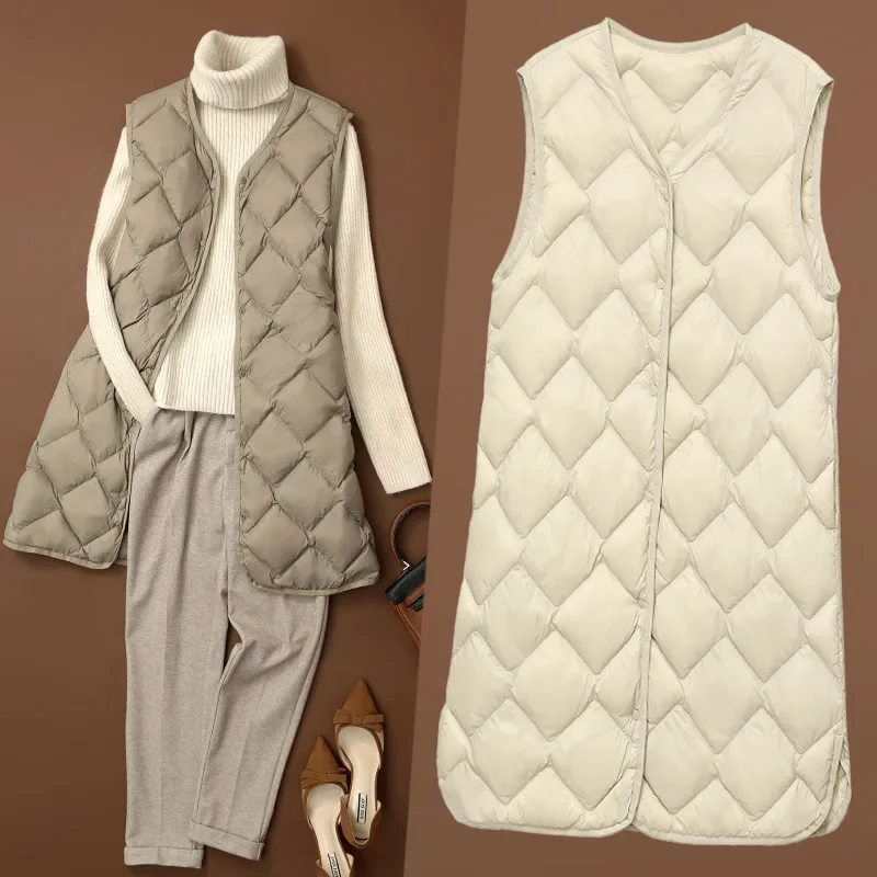 2023 New Arrivals Female Korean V-neck Casual Vest Coat Autumn Winter Women X-Long  White Duck Down Warm Sleeveless Jackets