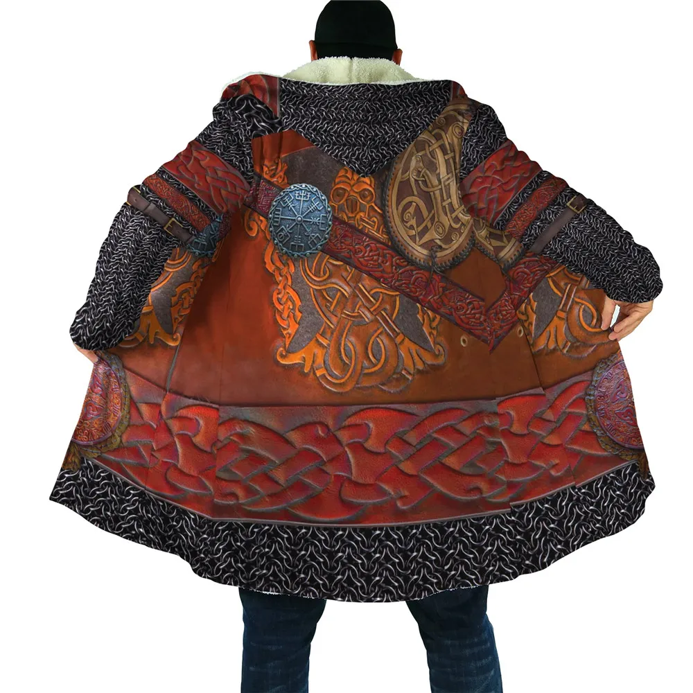 

CLOOCL Fashion Mens Cloak Retro Viking Armor Tattoo 3D Printed Fleece Hooded Cloak Winter Coats Windproof Cape Hooded Blanket