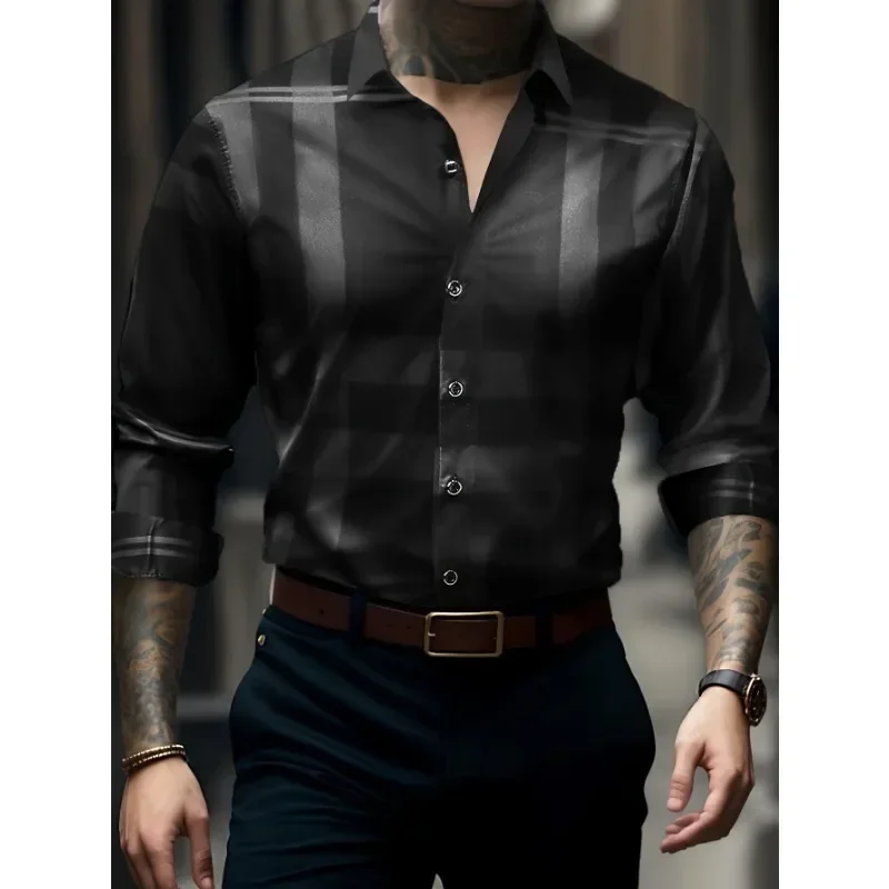 

2025 Brand New Men's Shirt Fashion Elastic Plaid Long Sleeve Male Shirts