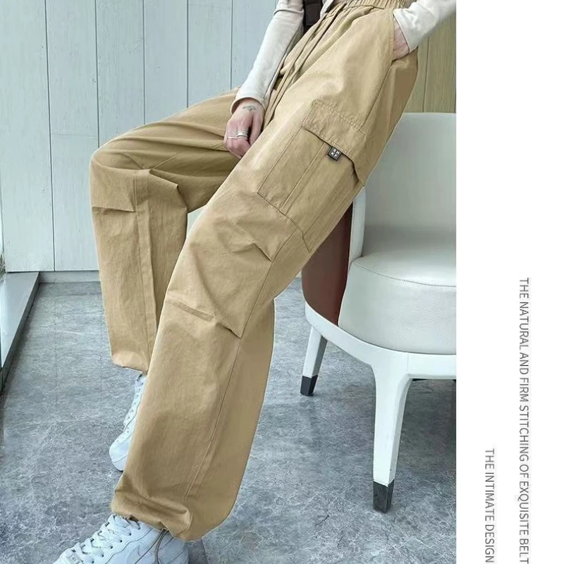 Spring Autumn New Fashion Elastic Waist Solid Color Loose Pocket Drawstring American Style All-match Simplicity Chic Cargo Pants