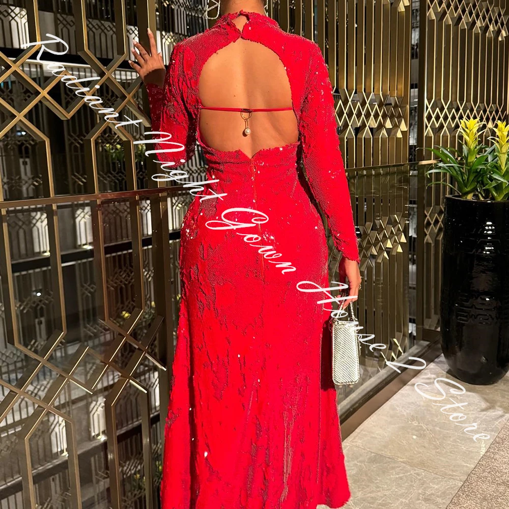 Customized Sequin Straight High Collar Evening Dress Floor Length Long Sleeves Zipper Back Red Modern Vestidos para mujer