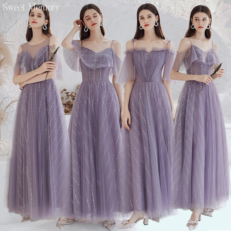 

S9126 Elegant Purple Bridesmaid Dress Floor Length Tulle Mesh Net Long Homecoming Birthday Graduation Party Dresses Formal Gown