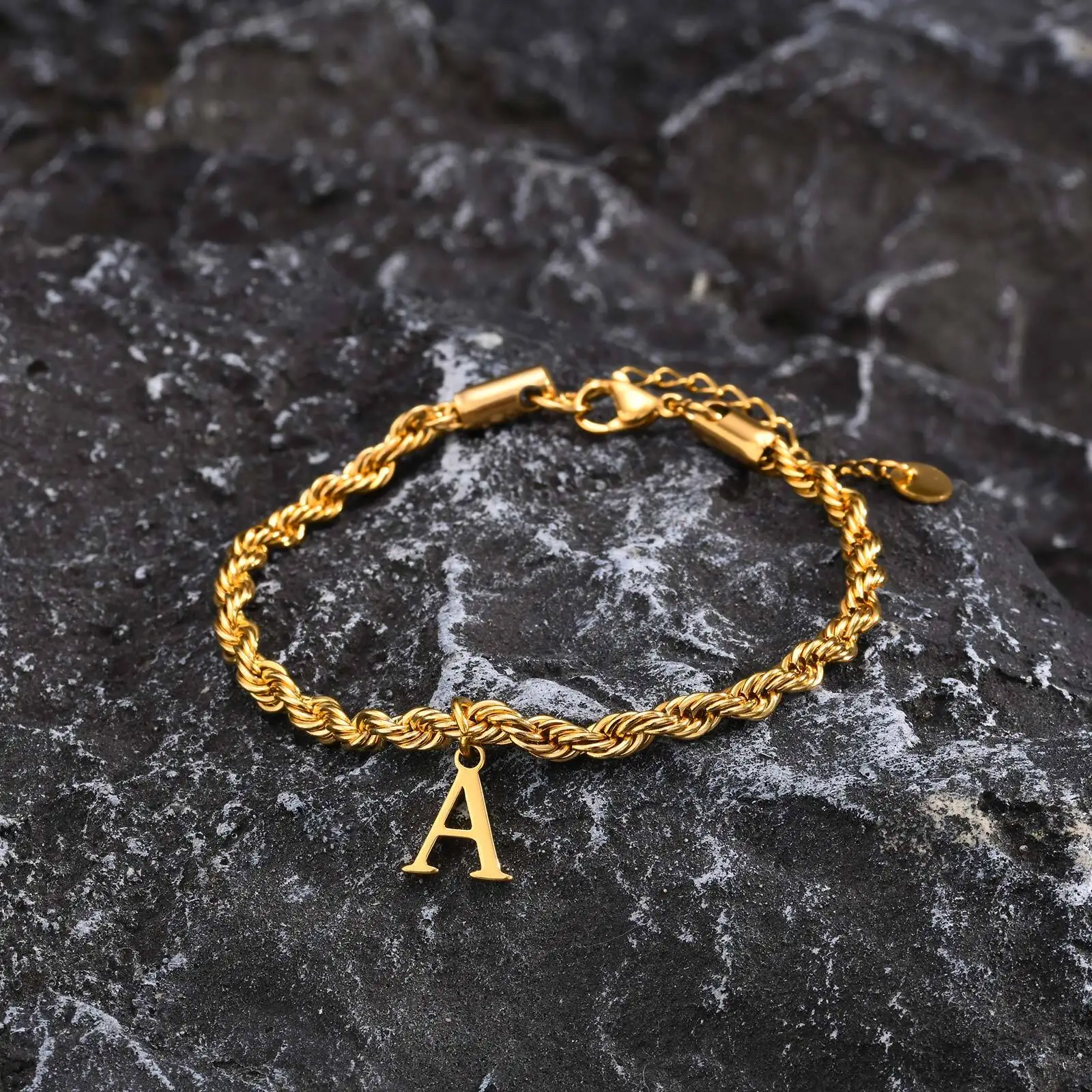 Vnox A-Z Letters Bracelets for Men, Gold Plated Stainless Steel Twisted Rope Chain Bracelet, Classic Name Bracelet Gift for Him