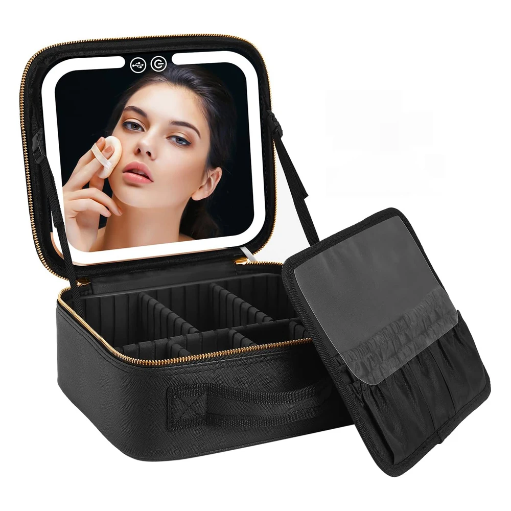 Makeup Train Case with Lighted Mirror 3 Color Setting Travel Cosmetic Makeup Bag Organizer with Adjustable Dividers Black