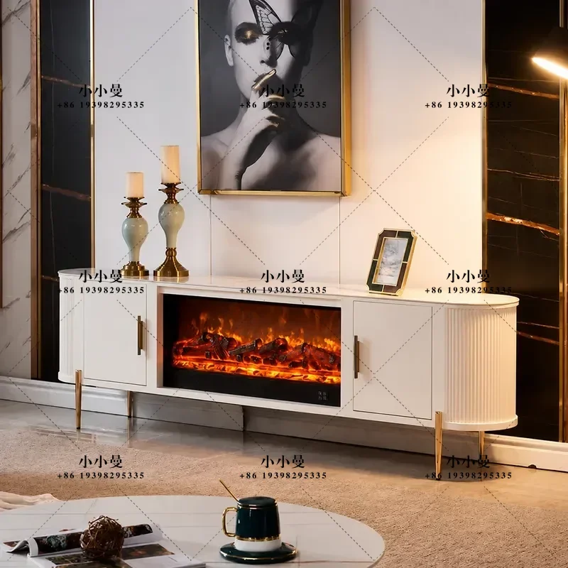 2m Simple White Fireplace TV Cabinet Solid Wood Simulation Electric Heating Decorative Console Villa Rock Slab Mantel