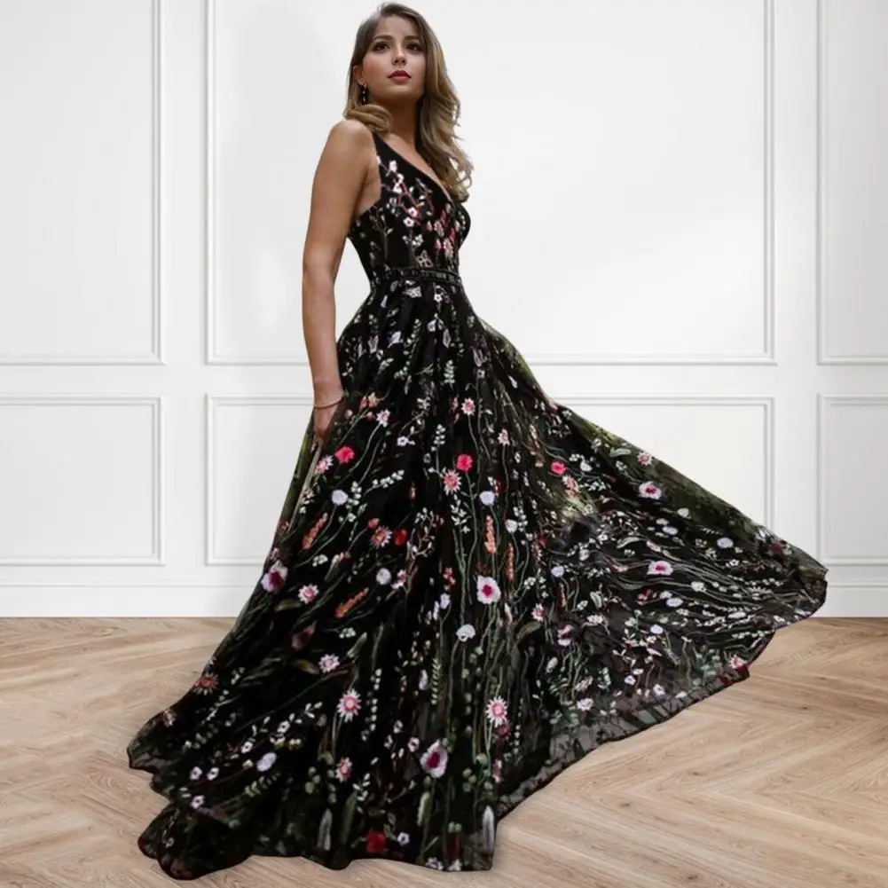 Embroidered Party Dress Elegant Floral Embroidery Maxi Dress for Women V Neck A-line Ball Gown with High Waist for Cocktail