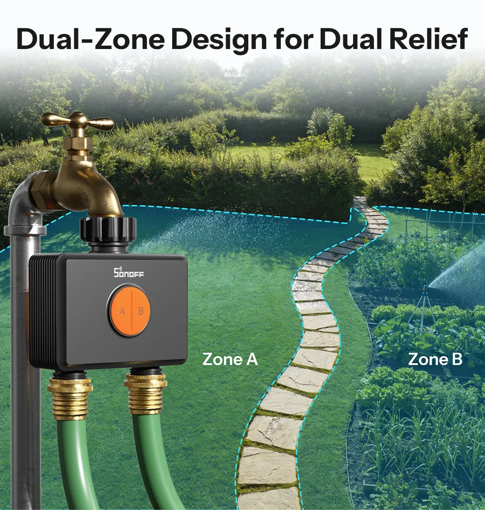SONOFF Hydro DUO Zweikanaliges Zigbee Smart-Wasserventil mit Durchflussmesser, Messinganschluss, saisonaler Wassereinsparung, App-Leck- und Frostwarnung – Detail 4
