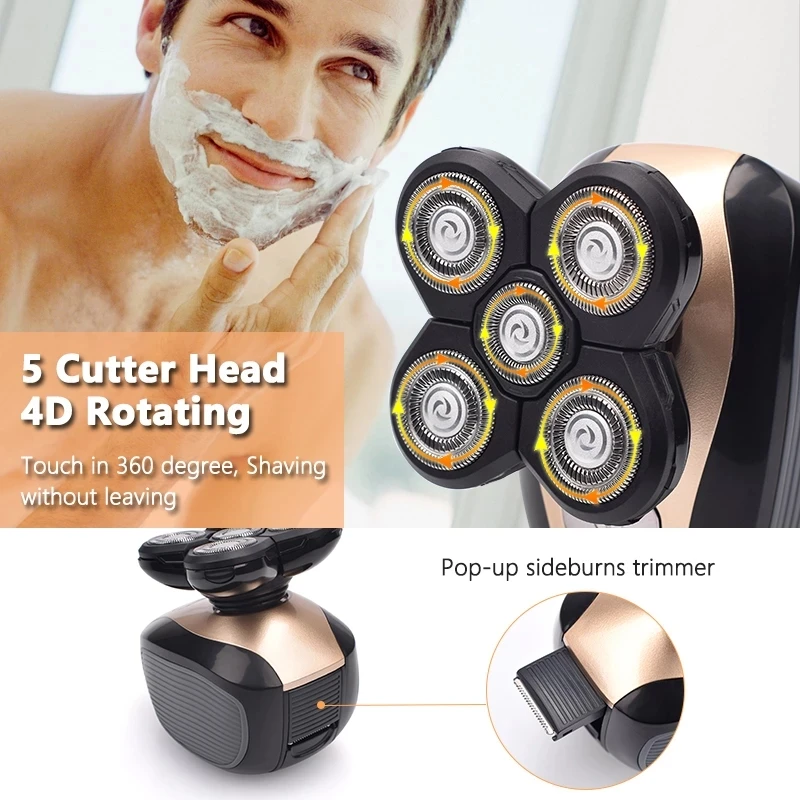 4D New 5-in-1 Floating Head Men's Electric Shaver Portable Rechargeable IPX7 Waterproof Shaver Nose Hair Trimmer Bald Body Razor