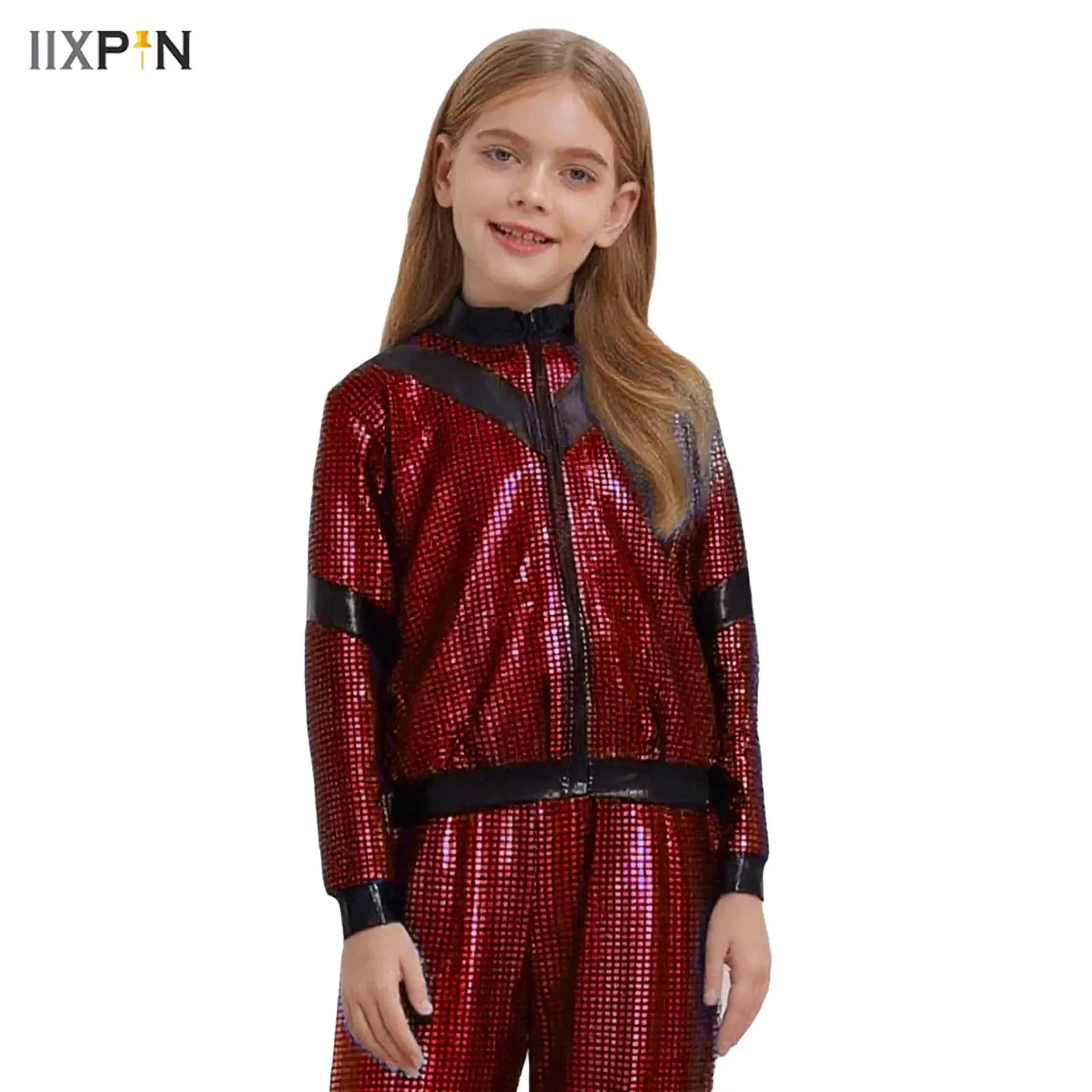 

Kids Boys Girls Hip-Hop Jazz Dance Costume Spring Long Sleeve Front Zipper Metallic Plaid Color Block Jacket Coat Streetwear