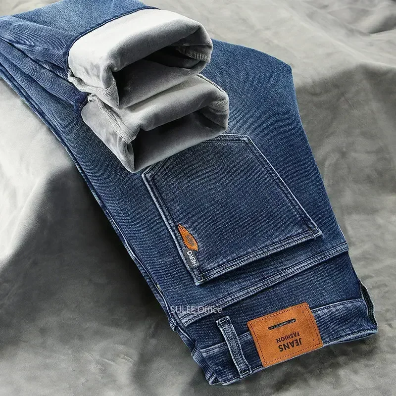 Winter New Men's Fleece Warm Jeans Thickened Velvet Classic Fitted Straight Business Casual Trousers High Quality Plush Pants