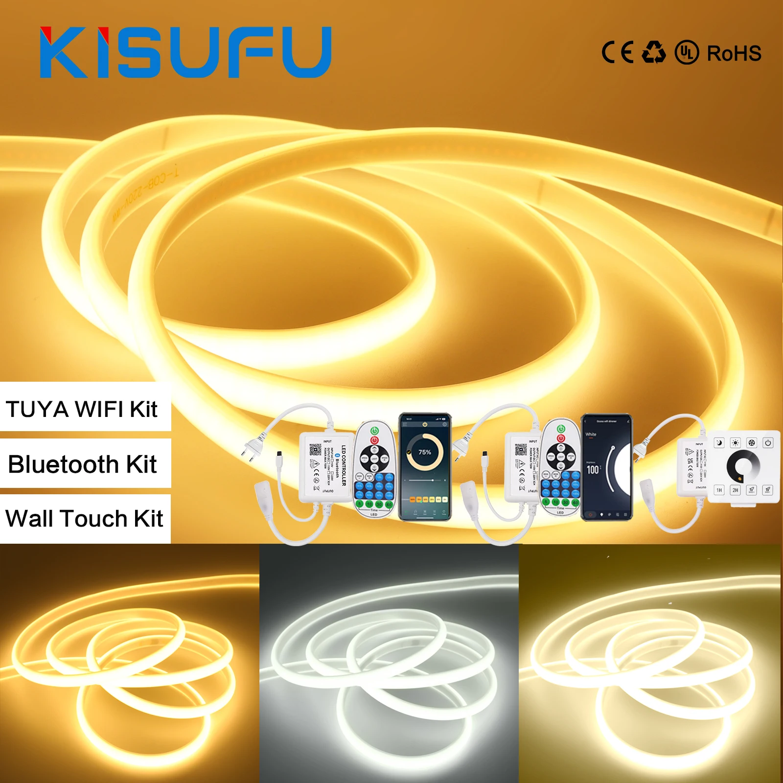 

220V Smart Dimmable COB LED Strip Light Wall Touch Wifi Bluetooth Remote Kit 288LEDs/M High Bright IP65 Indoor Outdoor Lighting