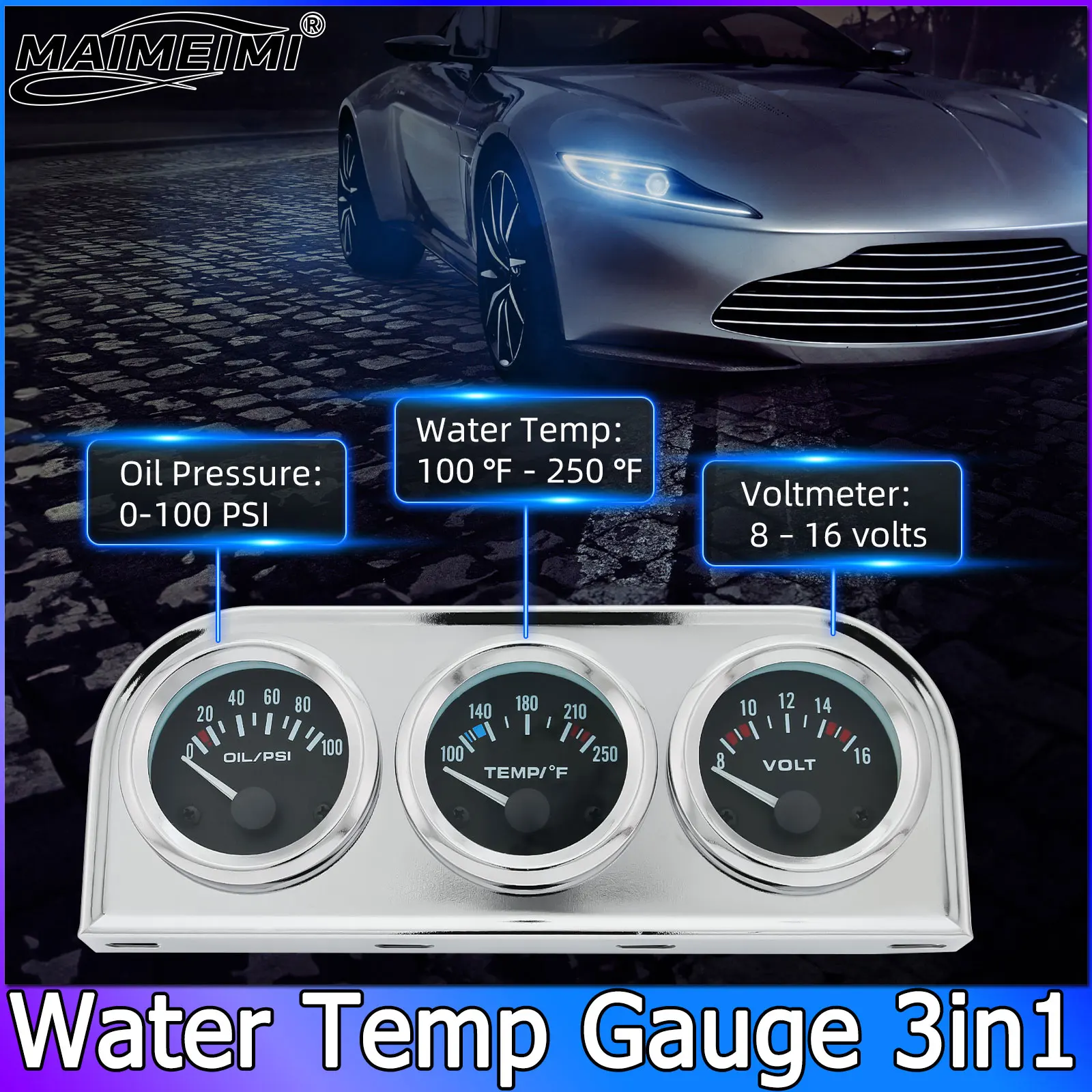 12V Car Triple Gauge Kit 3-in-1 Water Temp Gauge 250℉ Oil Pressure 100 PSI Voltmeter Mechanical Set With  Oil Press Sensor ﻿