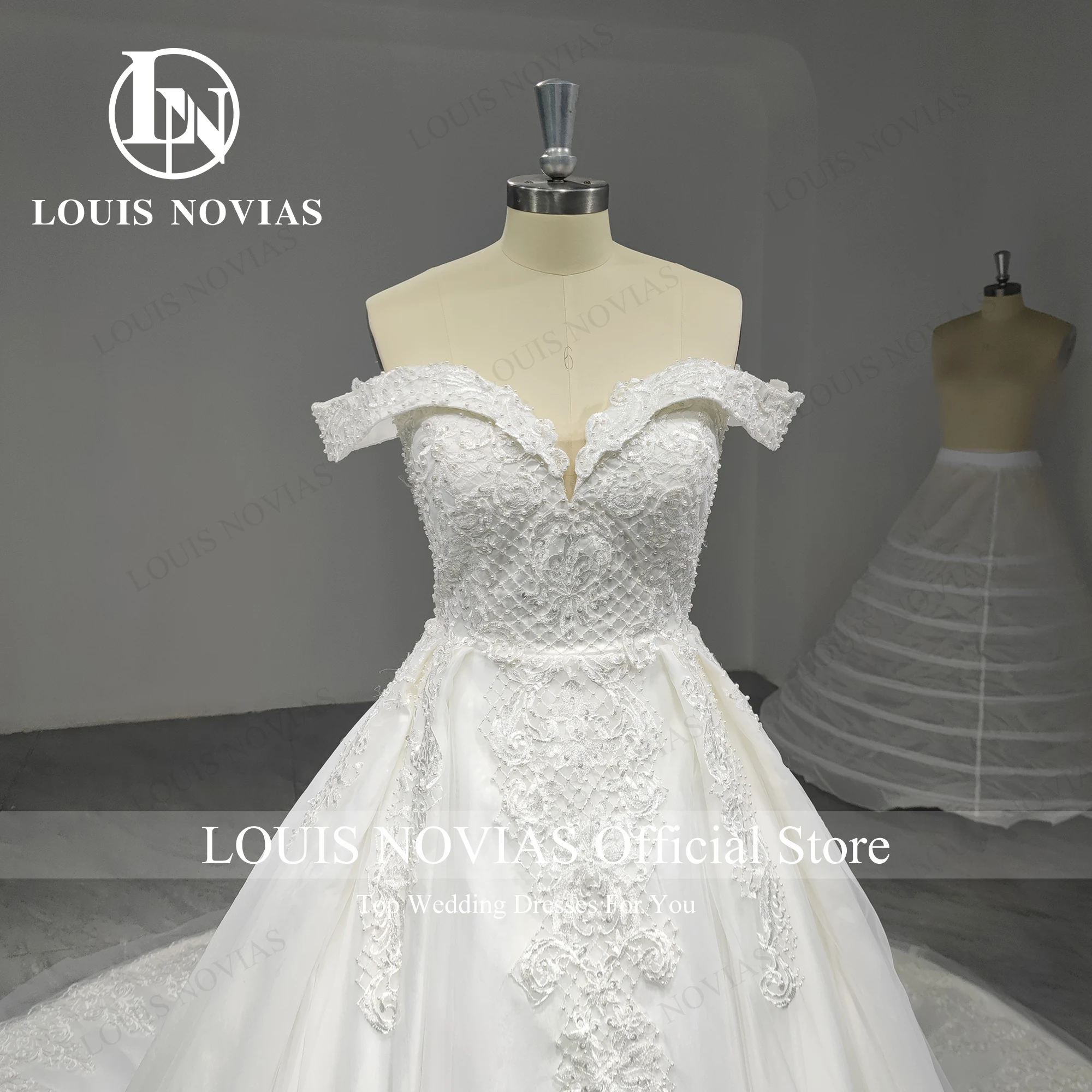

LOUIS NOVIAS A-Line Wedding Dresses Elegant Off Shoulder Beading Pearls Embroidery Princess Wedding Gown Vestidos De Novia