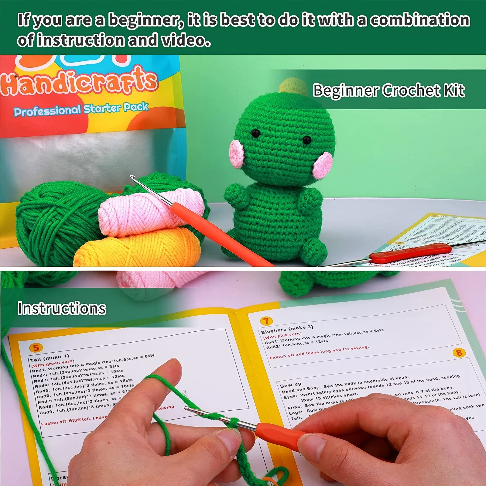 Kit de crochê DIY para iniciantes, dinossauro verde iniciante, boneca animal Craft Making, vídeo tutorial, olhos e enchimento, presentes para meninos