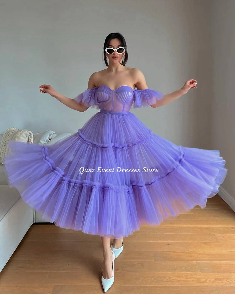 Qanz Purple Tulle Tea Length Prom Dresses Sweetheart With Short Ruffles Sleeves A-line Evening Gowns Sexy Formal Party Dresses