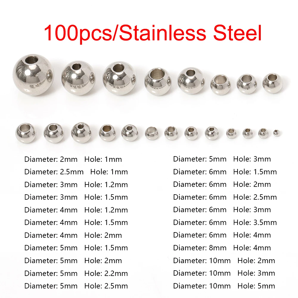 100pcs Stainless Steel Beads 3-10mm Straight Hole 1.2-5mm Jewelry Making Loose Spacer Beads Ball for DIY Bracelets Accessories