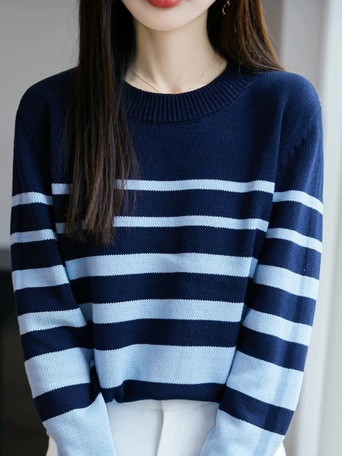 Marque sortie couleur Blo rayure tricots longue Sve coupe ajustée vêtements intérieurs contraste couleur décontracté Sle doux coton mélange haut