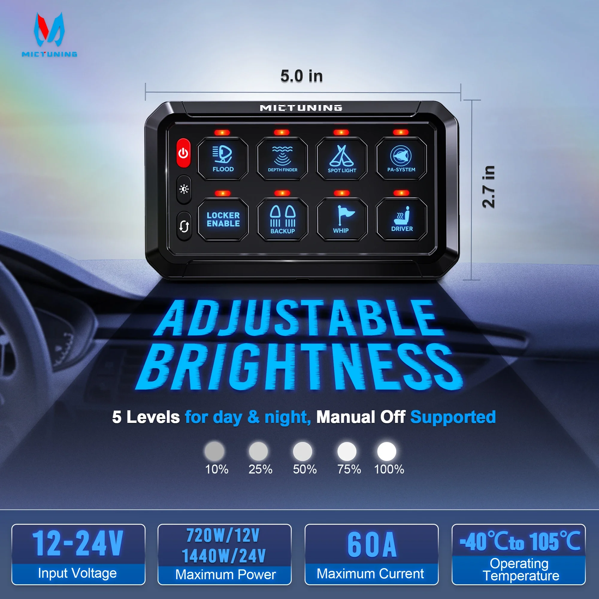 MICTUNING P1S Blue 12 Gang Switch Panel 6 Level Brightness Multifunction Toggle Momentary Flash Strobe Circuit Control Relay Box