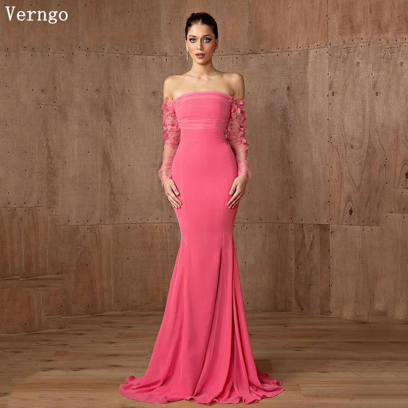 

Verngo Peach Pink Crepe Evening Dress Off The Shoulder Mermaid Prom Party Dress 3D Flowers Elegant Eveing Dress Prom Dresses