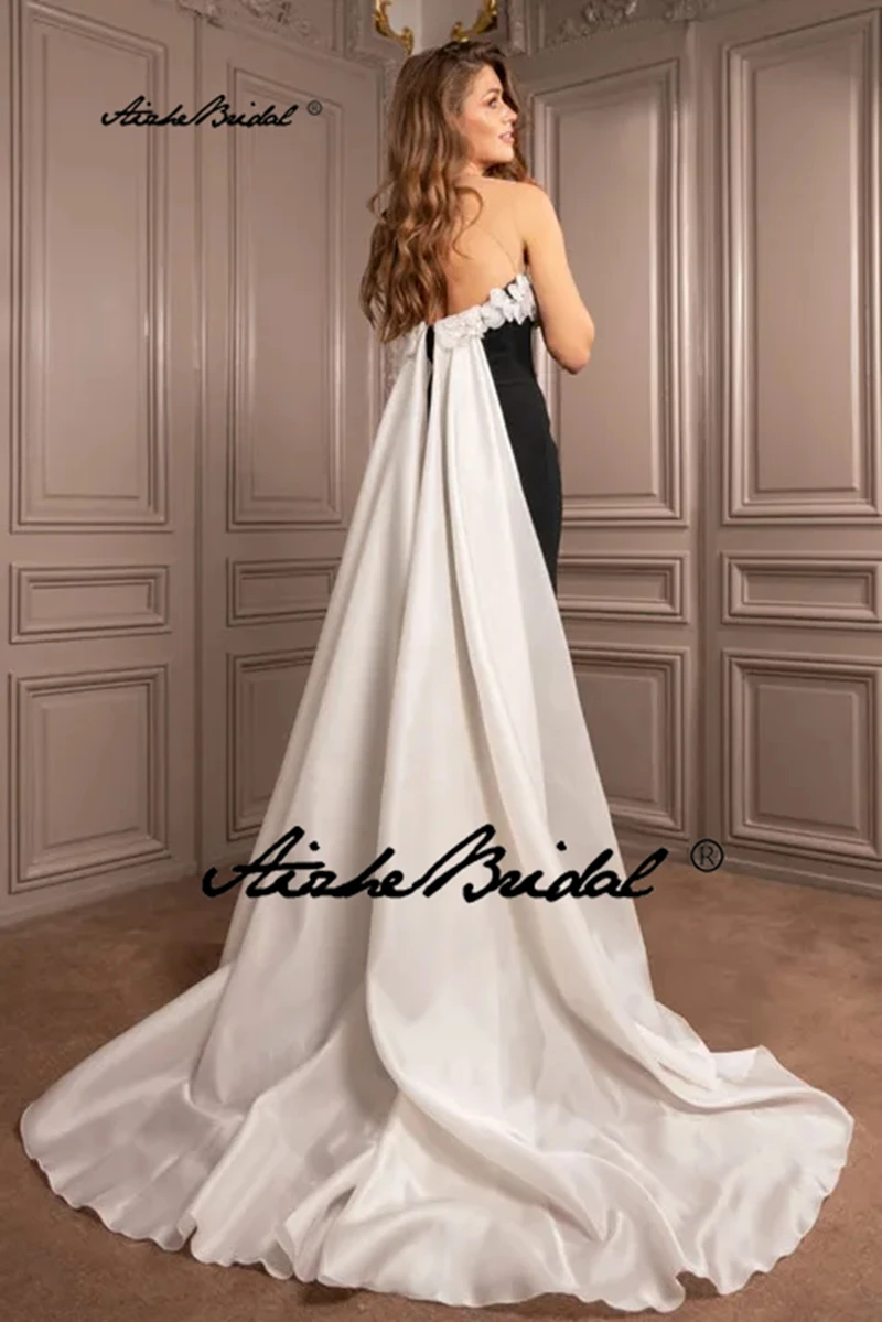 Schwarz-weiße formelle Abendkleider mit Sweep-Zug, handgekräuselte Blumen, Abschlussball-Partykleid, Vestidos de Fiesta