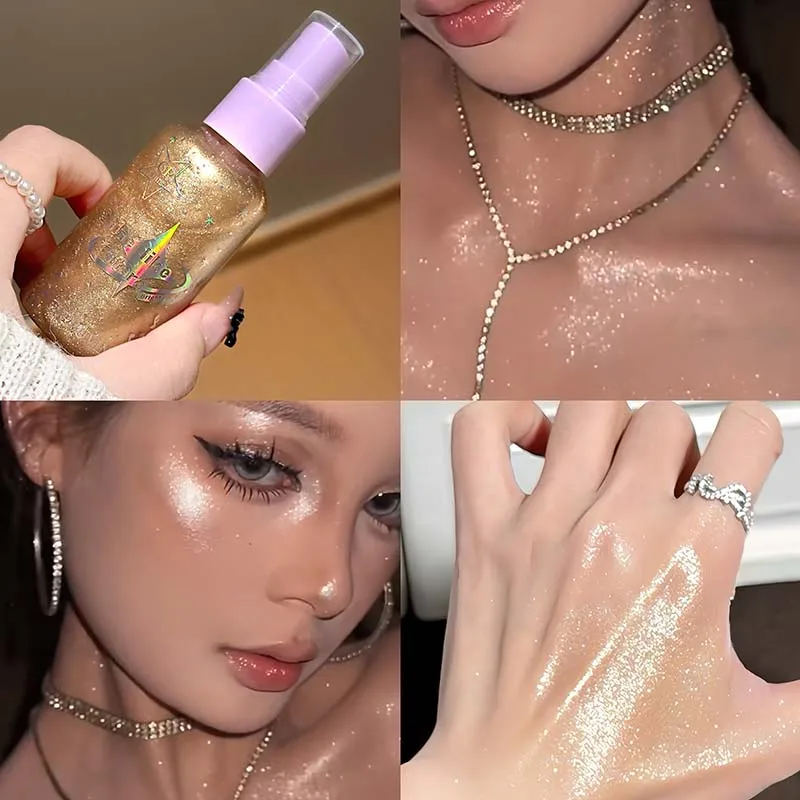 مغطى على الفور مع رذاذ تسليط الضوء على السائل المتلألئ باللون الأبيض اللامع للوجه والجسم ومكياج لامع للنوادي الليلية