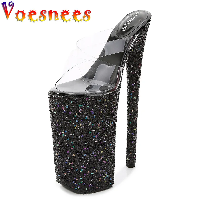 Women Summer Stiletto Sandals 2022 Newest Sequined Heels Pumps 26CM Party Ladies Slippers Transparent PVC Round Toe Model Shoes