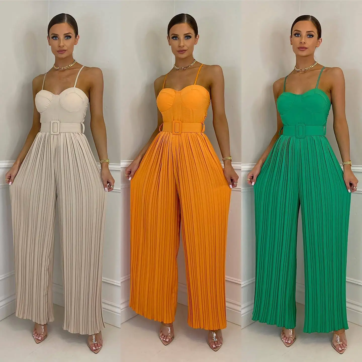 2023 Summer Casual Suspenders Long Jumpsuit Women Sexy Fashion Solid Sleeveless Sashes Pleated Wide Leg Jumpsuit Orange Female