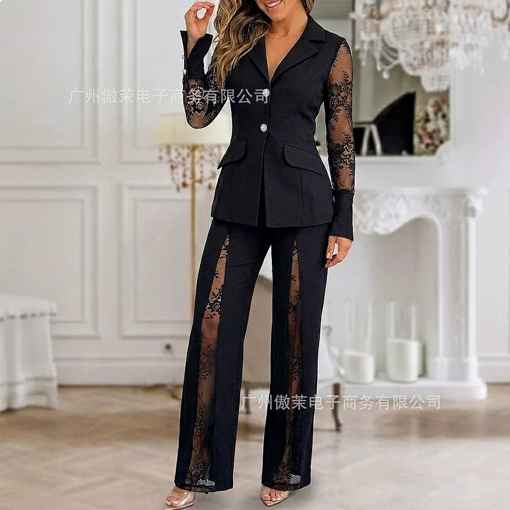 Black Lace Blazer Suit Sets 2 Piece Matching Set Straight Leg Pants Jumpsuit Playsuit Overall