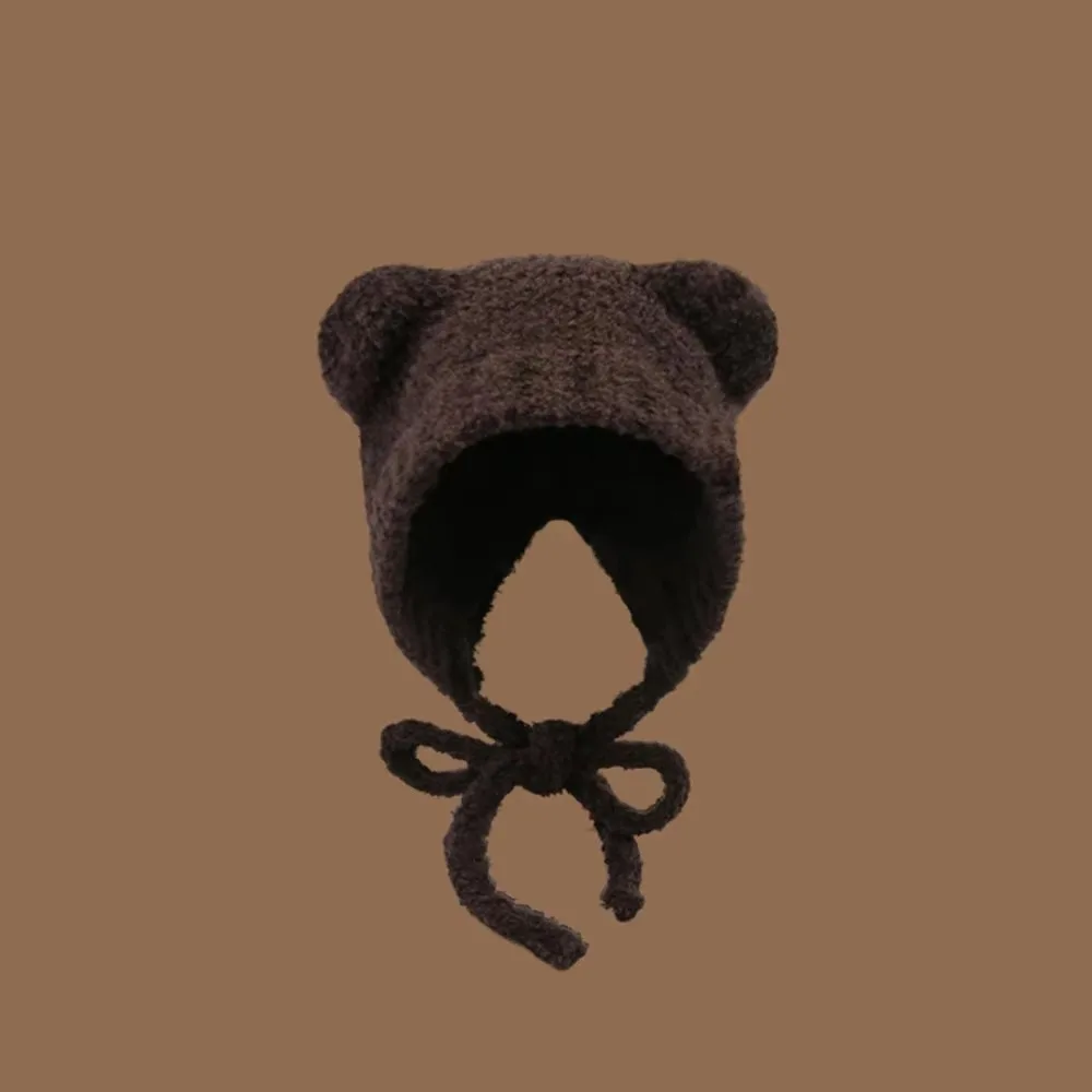 Cute Y2k Bear Ear Wool Hat With Rope Ear Protection Beanies Cap Lace up Warm Knitted Bomber Cap