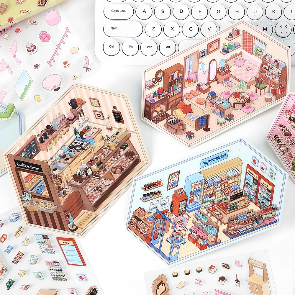 3Pcs/bag sticker scene 2.5D scenery sticker stationery sticker kawaii DIY handbook entertainment