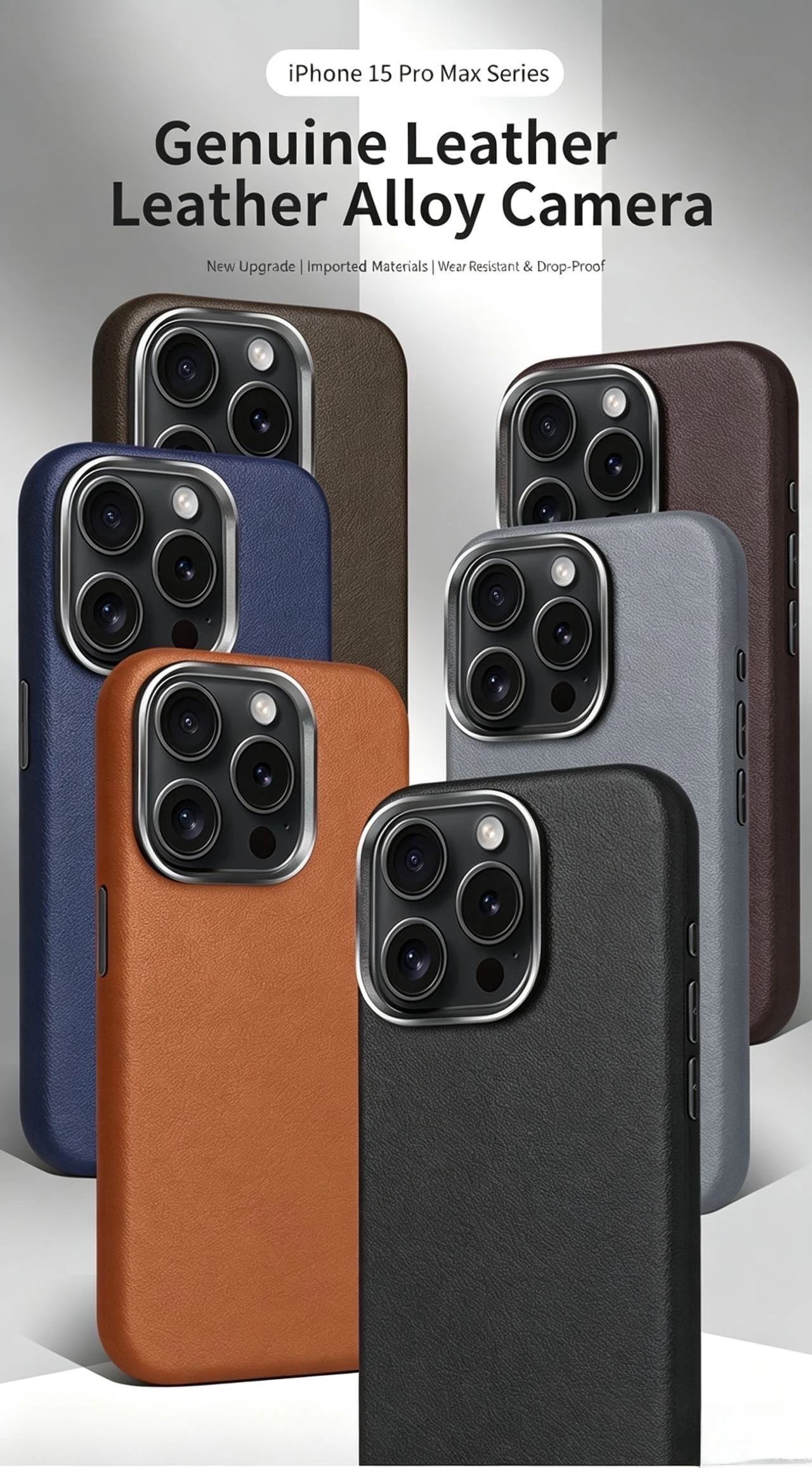 

Luxury Genuine Leather Case For Phone 15 Pro Max Alloy Lens Bumper Anti-Scratch Drop-Proof Cover