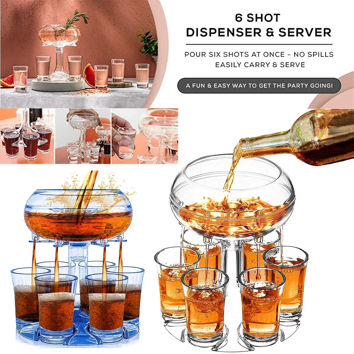 

6 Cup Glass Dispenser Alcohol Rack Drink Cocktail Dispensing Artifact for Home Bar Party Drinking Whiskey Dispenser