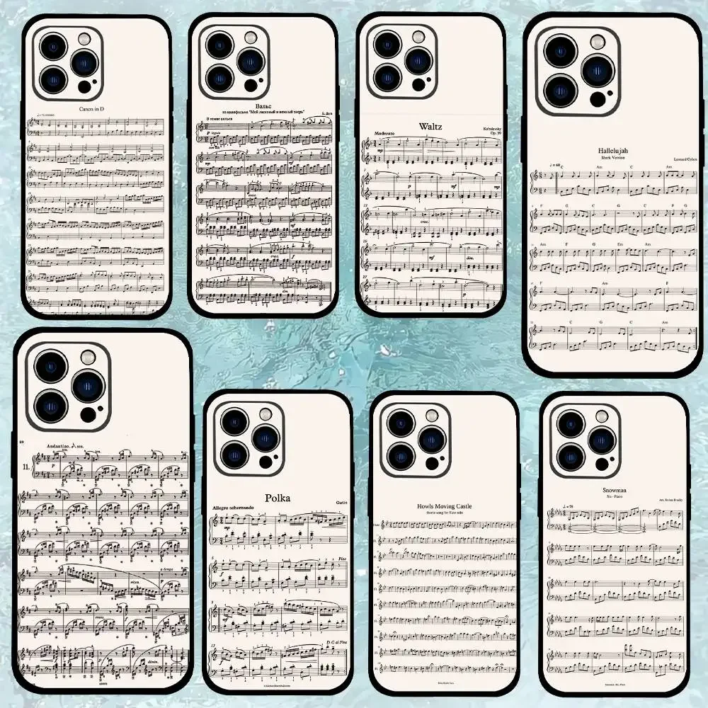 Funda para Teléfono con Partitura de Canciones Famosas, Color Negro, Compatible con iPhone 17, 16, 15, 11, 13, 14 Pro Max, Plus, X, Xr, Xs Max, 13 Mini