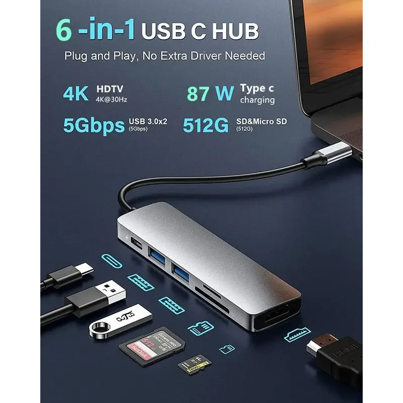 6/5/4/3 Ports USB C Hub to 4K HDMI-Compatible PD fast charge USB 3.0 2.0 HUB 4K 30Hz Charging Docking for MacBook iPad Samsung