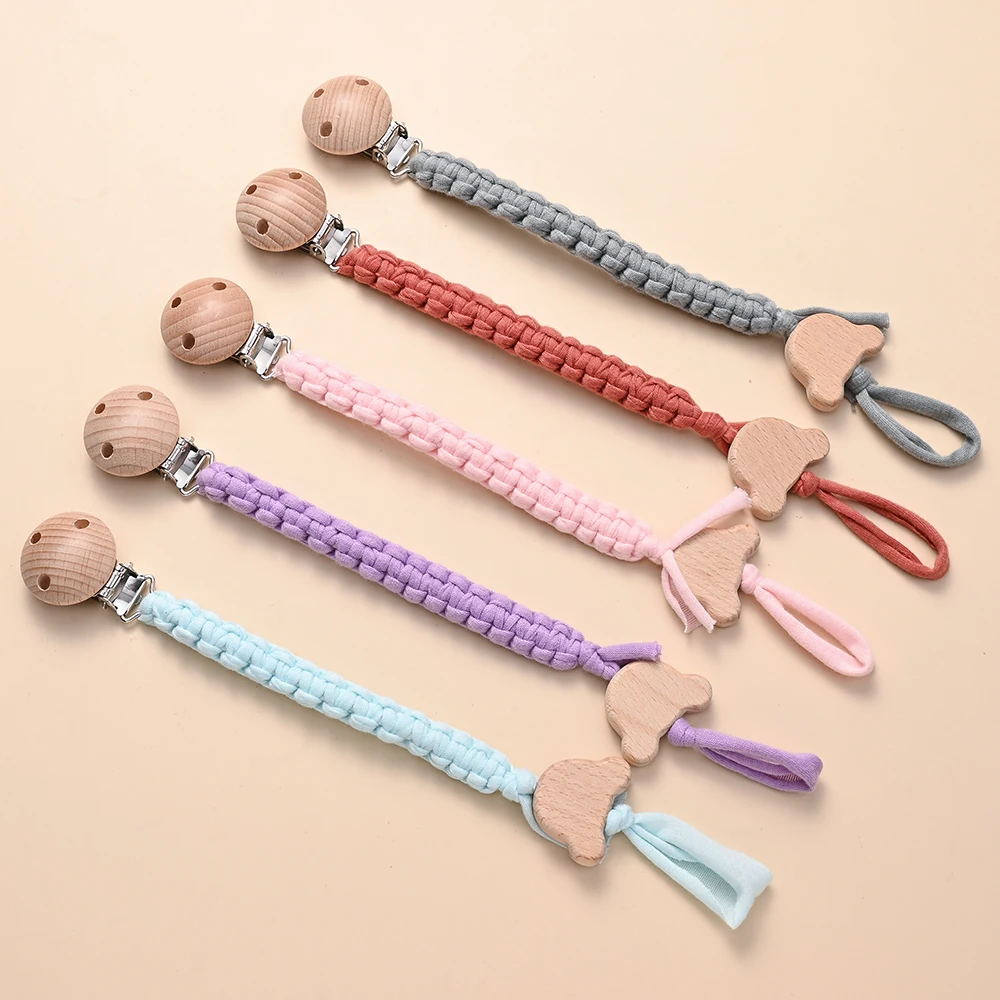 Holder Clips Soother Holder Baby Teething Toys Animal Wood Baby Hand Woven Pacifier Chain Dummy Clips Pacifier Holder Clips