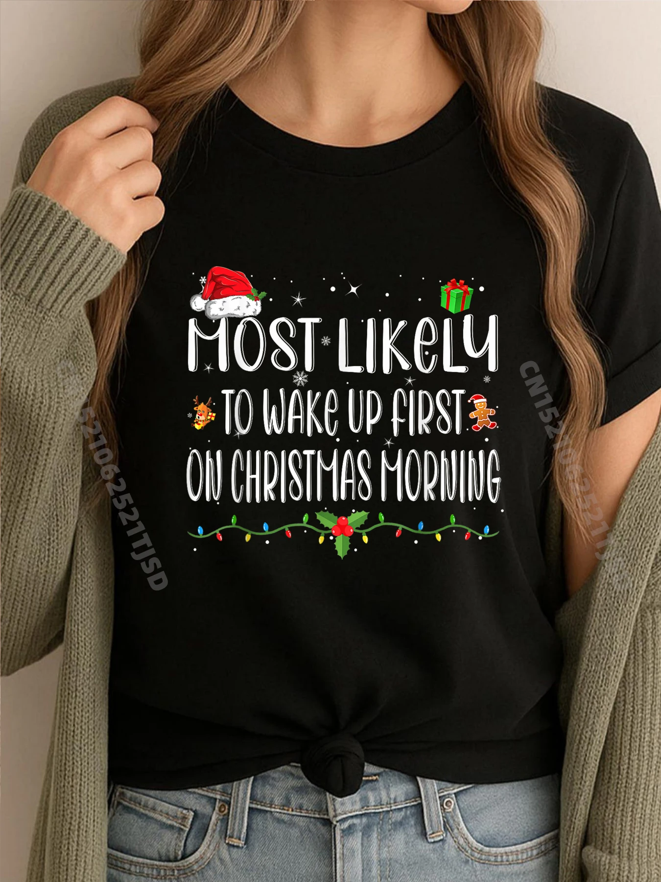

Most Likely To Wake Up First On Christmas Morning Xmas Light Pink Graphic Tees Autumn T-Shirt WashedT Shirts Halloween