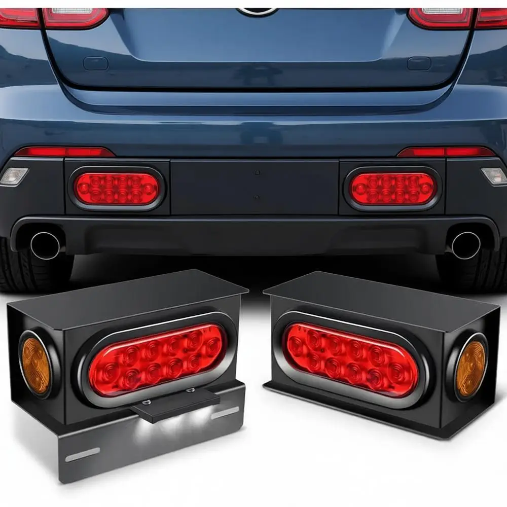 

2PCS Steel Trailer Light Boxes Housing Kit with 6Inch Oval Red Tail Lights, 2 Inch Round Amber Side Marker, 3LED License Plate L