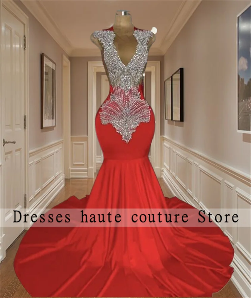 Elegant Red Mermaid Prom Dresses 2024 For Black Girls Luxury Rhinestones Crystal Birthday Party Gowns Diamonds Graduation Dress