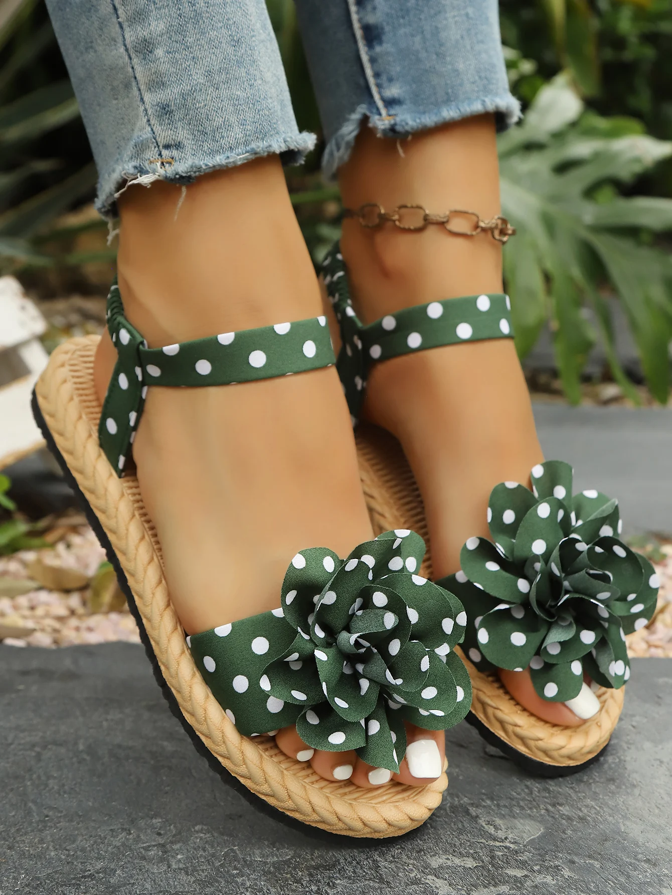 Flache Sandalen zum Hineinschlüpfen mit Schleife, Polka-Dot-Muster, weicher Boden, bequeme flache Schuhe für den Strandurlaub, Damen-Freizeitschuhe – Detail 16