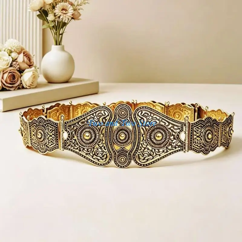 HX6F Engraved Metal Waist Belt with Decorative Detail for Dress Styling